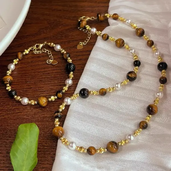 Tiger Eye Stone Pearl Necklace Maillard Natural Set Bracelet Versatile, TKMBeautySupply.com | Canada & USA and Europe Wide FREE shipping