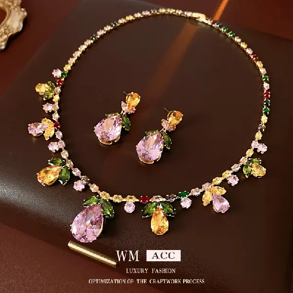 Colorful Zircon Water Drop Leaf Necklace European And American Heavy, TKMBeautySupply.com | Canada & USA and Europe Wide FREE shipping