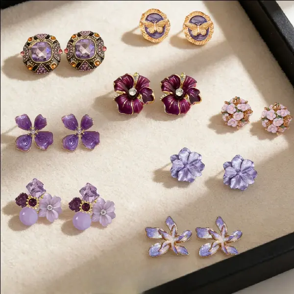 Medieval Vintage Silver Needle Purple Series Diamond Square Earrings Light, TKMBeautySupply.com | Canada & USA and Europe Wide FREE shipping