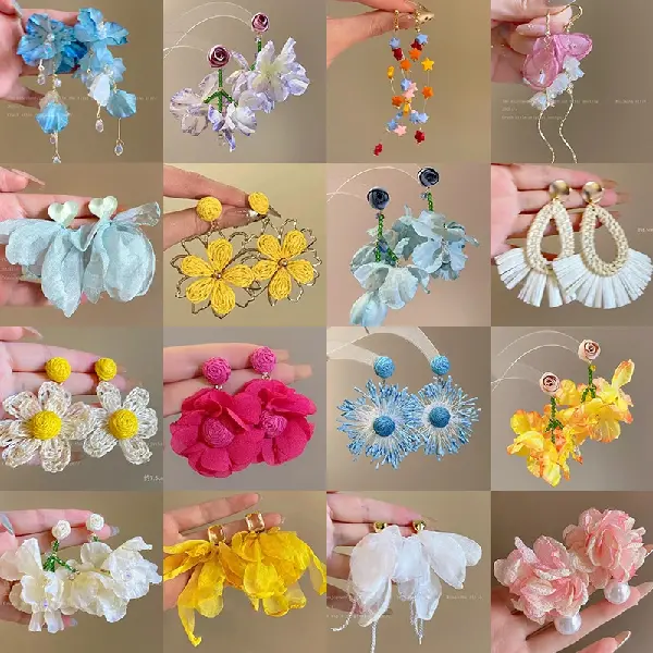 Resort Handmade Chiffon Flower Pearl Tassel Earrings Small Fresh Sweet, TKMBeautySupply.com | Canada & USA and Europe Wide FREE shipping