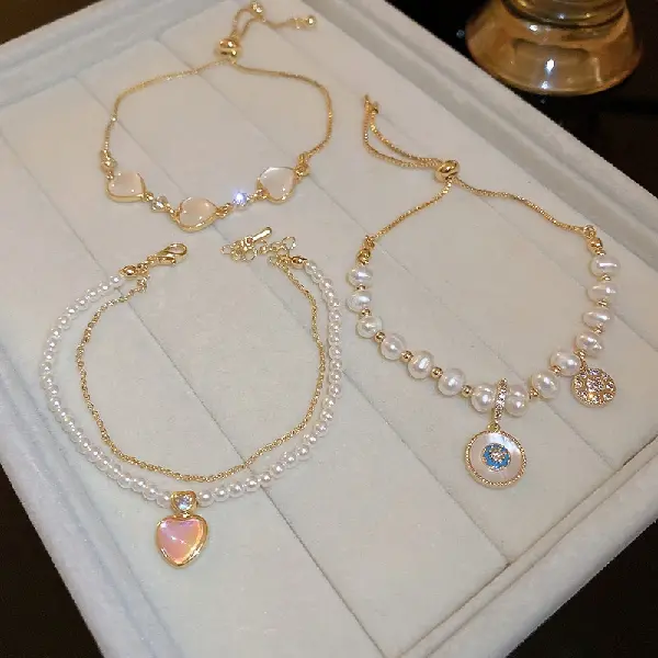 Real Gold Electroplated Opal Pearl Flower Love Bracelet Korean Insable, TKMBeautySupply.com | Canada & USA and Europe Wide FREE shipping