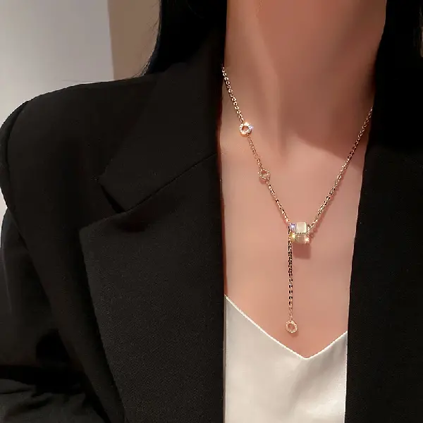 Real Gold Electroplating Diamond Cat's Eye Cylindrical Letter Necklace Ins, TKMBeautySupply.com | Canada & USA and Europe Wide FREE shipping