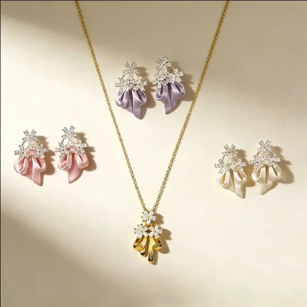 Zirconia Flower Bow Earrings Necklace Light Luxury Niche Clavicle Chain, TKMBeautySupply.com | Canada & USA and Europe Wide FREE shipping