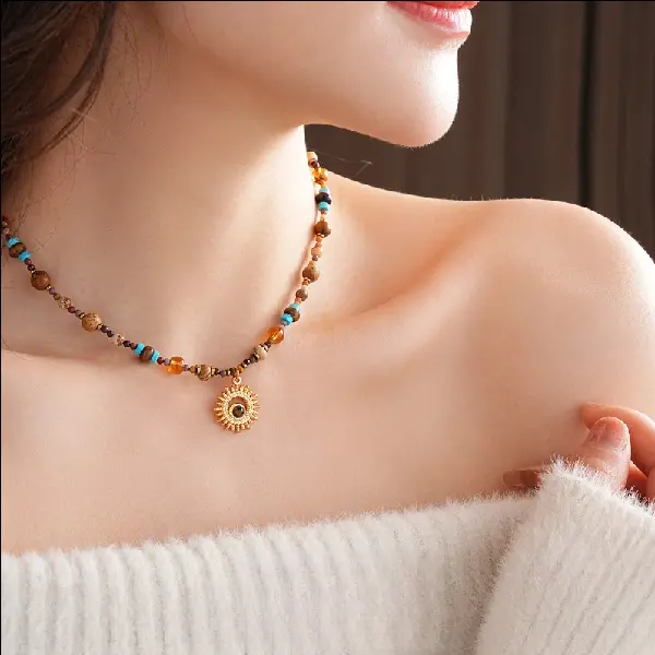 Titanium Steel Natural Stone Rice Bead Sun Necklace Retro Ethnic, TKMBeautySupply.com | Canada & USA and Europe Wide FREE shipping