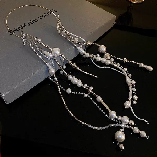 11# crystal pearl ball chain long tassel headband,tkmbeautysupply.com