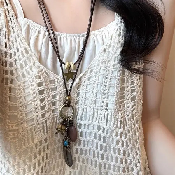 3-Feather star oval artificial wood round artificial wood bead necklace,tkmbeautysupply.com