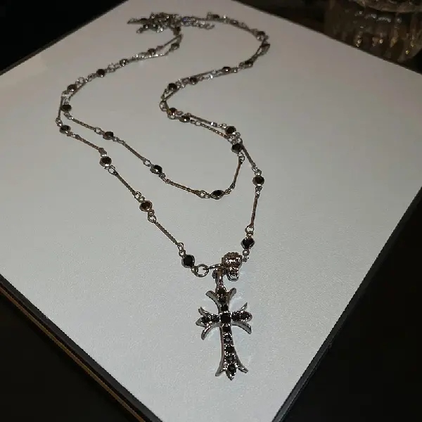 5-Double layer diamond cross pattern necklace,tkmbeautysupply.com
