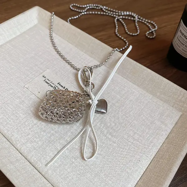 10-Silver Braided Love Bag Leather Bow Detachable Necklace,tkmbeautysupply.com