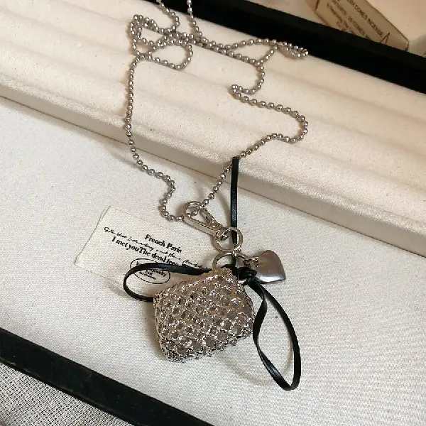 11-Silver Braided Love Bag Leather Bow Detachable Necklace,tkmbeautysupply.com