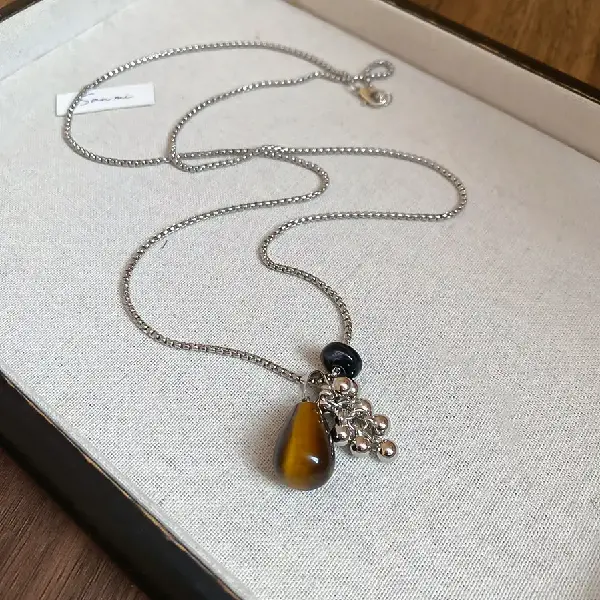 12-Natural tiger eye stone zebra stone drop pendant necklace,tkmbeautysupply.com