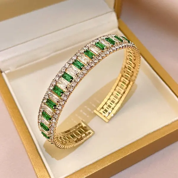 15 Open Bracelet-Silver Green Diamond-Rectangular,tkmbeautysupply.com