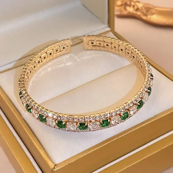 16 Open Bracelet-Silver Green Diamond-Square,tkmbeautysupply.com