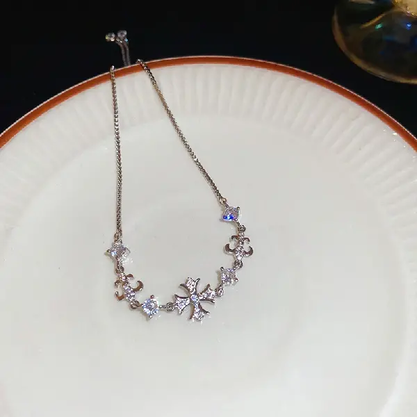1# Silver-Zircon Iris Cross Adjustable Bracelet,tkmbeautysupply.com