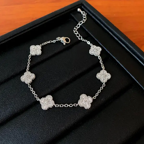 2# Silver-Zircon Four Leaf Bracelet,tkmbeautysupply.com