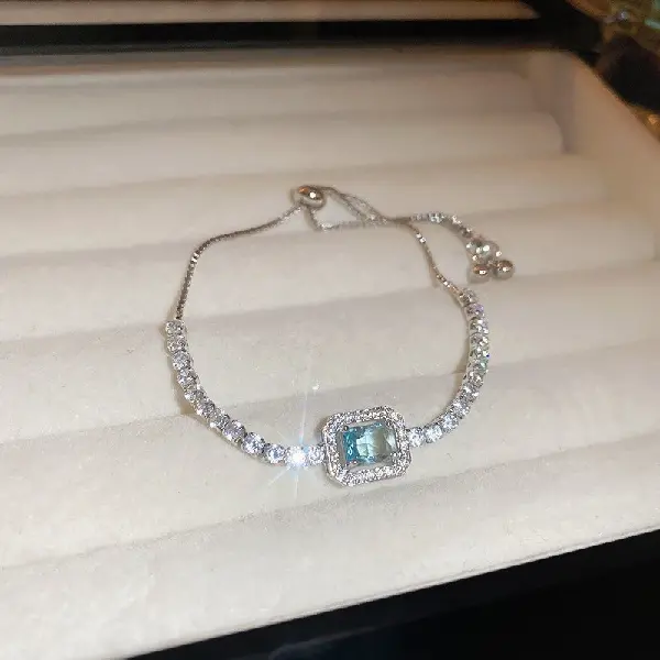 11# Silver-Blue-Zircon Square Bracelet,tkmbeautysupply.com