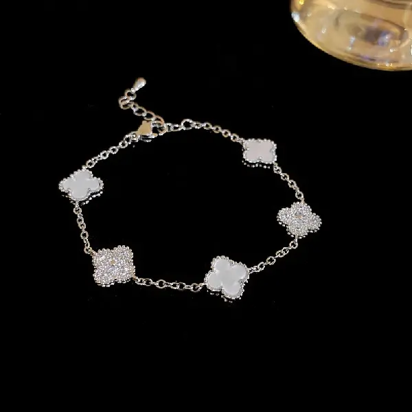 17# Silver - Four-leaf clover, zircon and mother-of-pearl bracelet,tkmbeautysupply.com