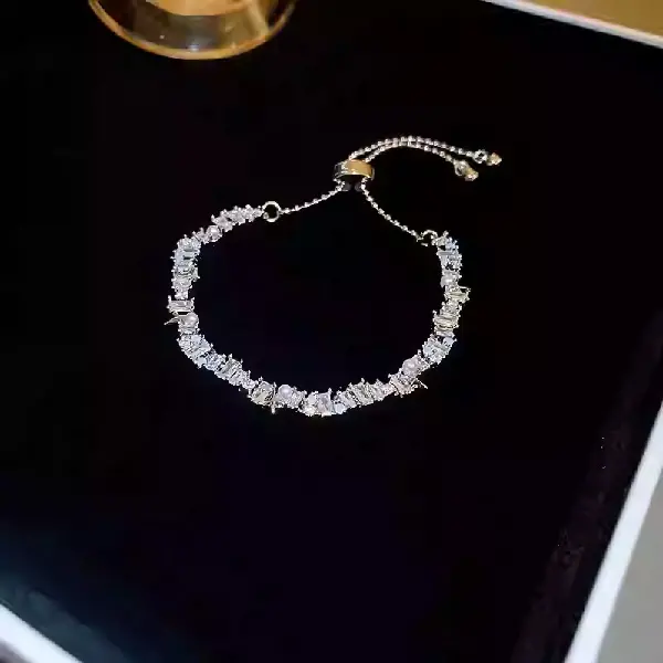 20# Silver-Irregular Zircon Rectangular Four-Pointed Star Adjustable Bracelet,tkmbeautysupply.com