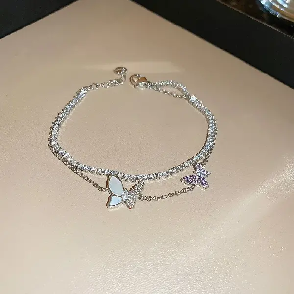 28# Silver-Butterfly Zircon Double Layer Bracelet,tkmbeautysupply.com