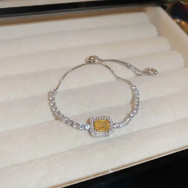 33# Silver-Yellow-Zircon Square Bracelet,tkmbeautysupply.com
