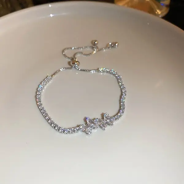 34# silver-zirconia butterfly pull-out bracelet,tkmbeautysupply.com