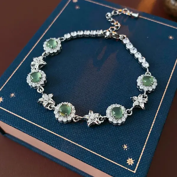 41# Silver-Green-Zircon Round Flower Starfish Bracelet,tkmbeautysupply.com