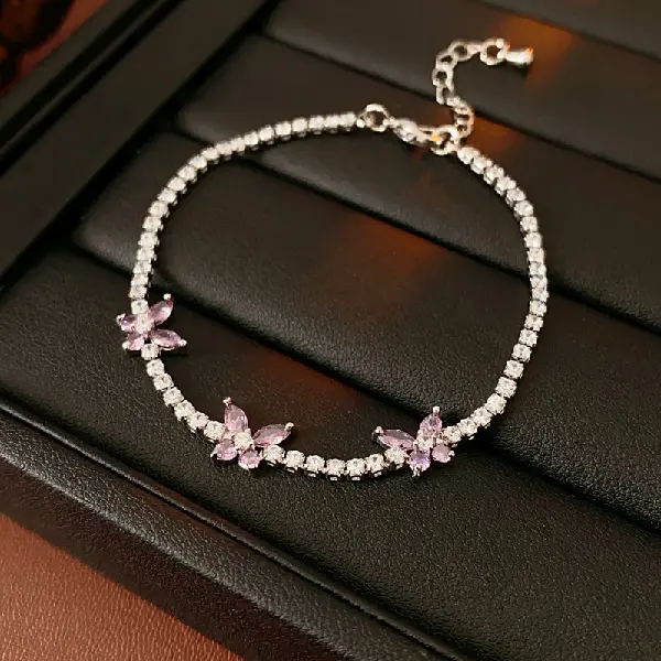 42# Silver-Purple-Zircon Butterfly Square Bracelet,tkmbeautysupply.com