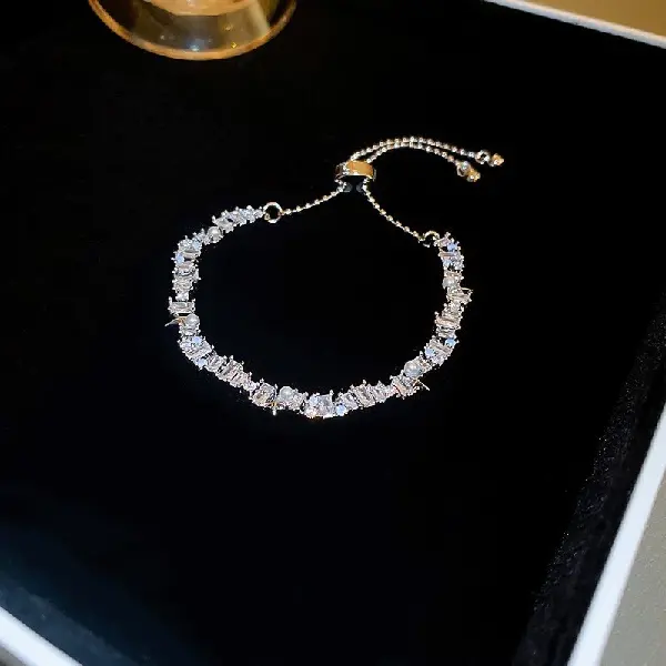 45# silver-white gold pearl inlaid diamond zircon stitching bracelet,tkmbeautysupply.com