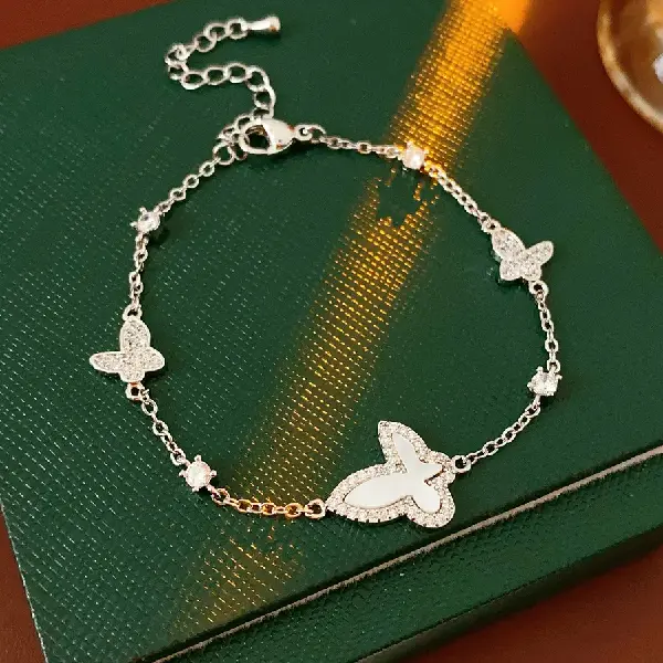 54# Silver-Zircon Mother-of-Pearl Butterfly Pendant Bracelet,tkmbeautysupply.com