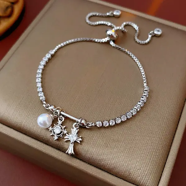 59# Silver-Zircon Snowflake Cross Pearl Pendant Adjustable Bracelet,tkmbeautysupply.com