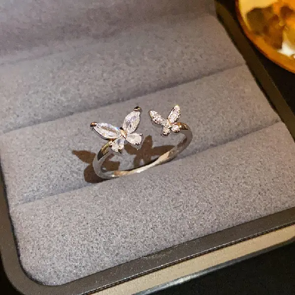 Silver-Zircon Butterfly Open Ring,tkmbeautysupply.com
