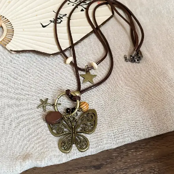 5# wax rope wooden bead butterfly pendant necklace,tkmbeautysupply.com