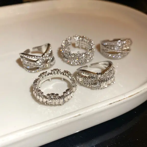 16# Ring-Diamond Cross Geometric Fashion Open Ring (Set of Five),tkmbeautysupply.com