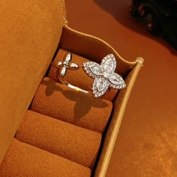 24# Ring-Zircon Clover Flower Simple Fashion Open Ring,tkmbeautysupply.com