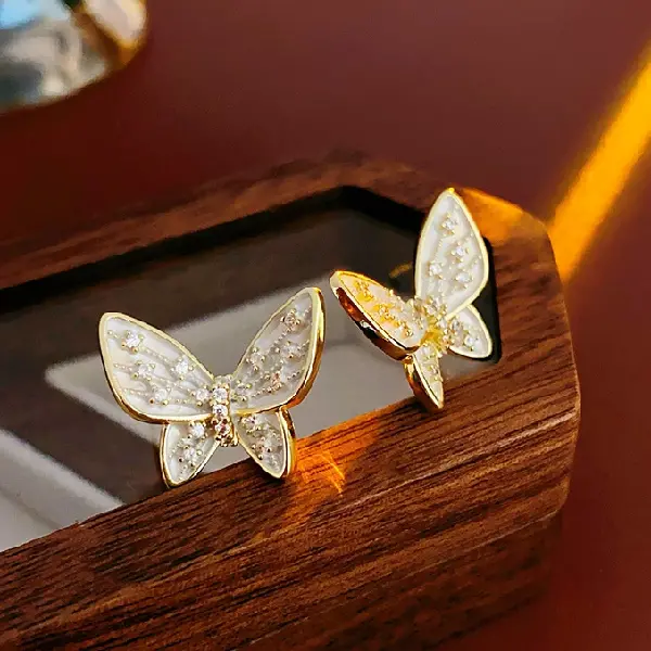 2# Silver Needle Zircon Oil Drop Butterfly Earrings (Real Gold Plating),tkmbeautysupply.com