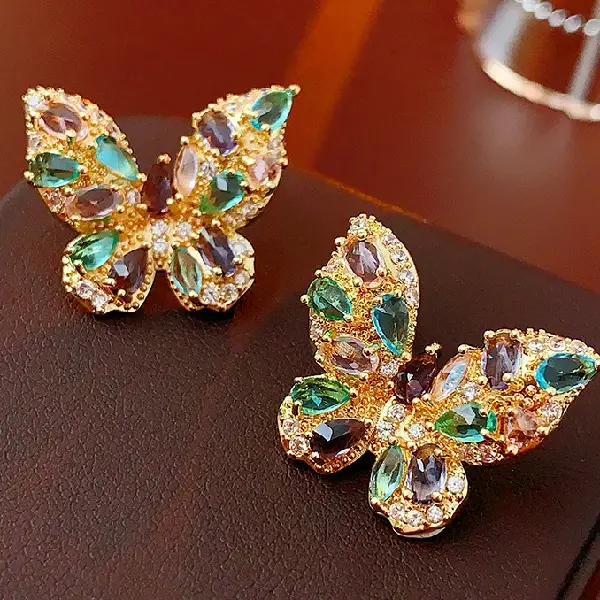 22# Silver Needle Colored Zircon Butterfly Stud Earrings,tkmbeautysupply.com