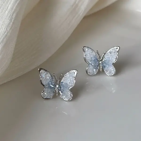 24# Silver Needle Silver Butterfly Crystal Stud Earrings,tkmbeautysupply.com