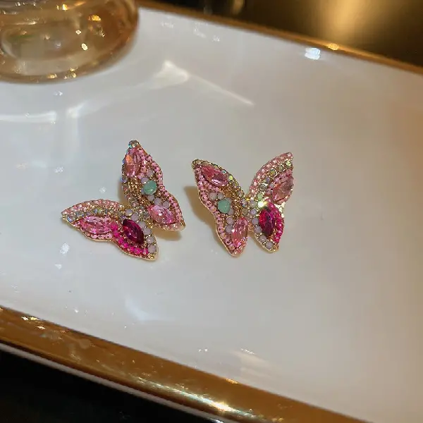 33# silver needle pink diamond butterfly earrings,tkmbeautysupply.com