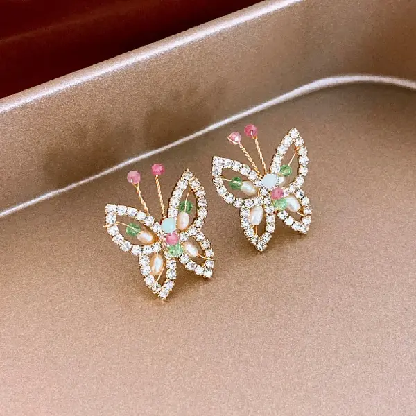 34# Silver Needle Butterfly Diamond Crystal Stud Earrings,tkmbeautysupply.com