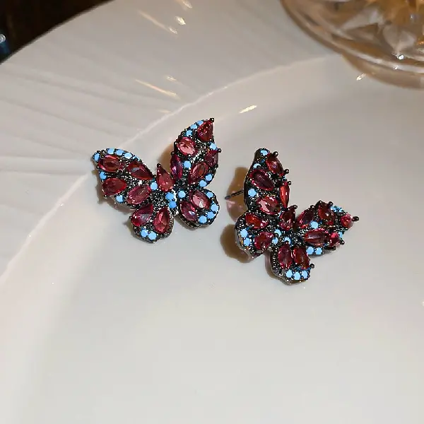 35# Silver Needle Red Blue Zircon Butterfly Stud Earrings,tkmbeautysupply.com