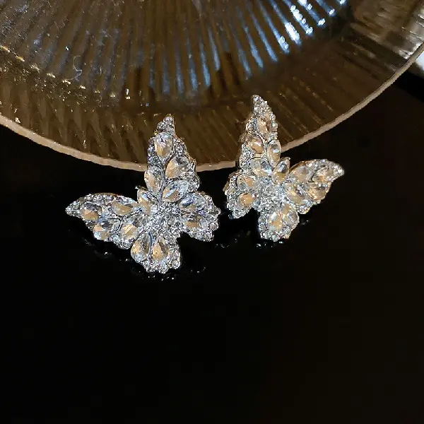 36# silver needle silver diamond butterfly drop earrings,tkmbeautysupply.com