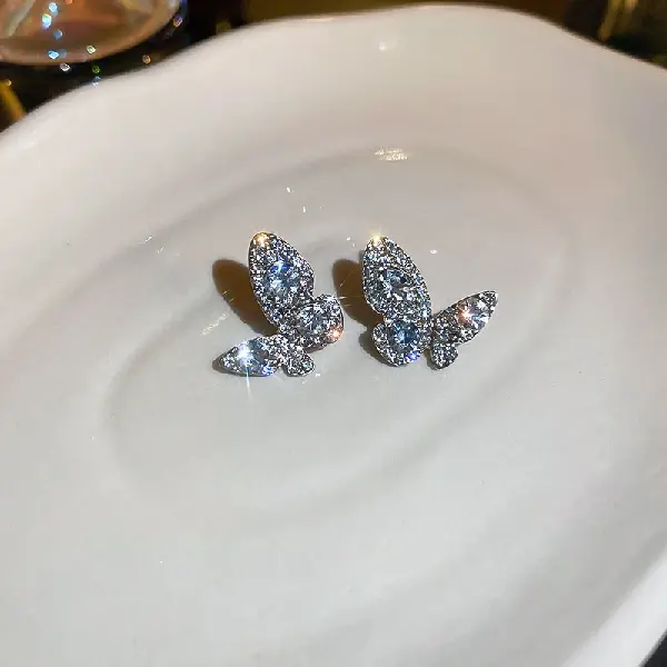 37# Silver Needle Diamond Butterfly Stud Earrings,tkmbeautysupply.com