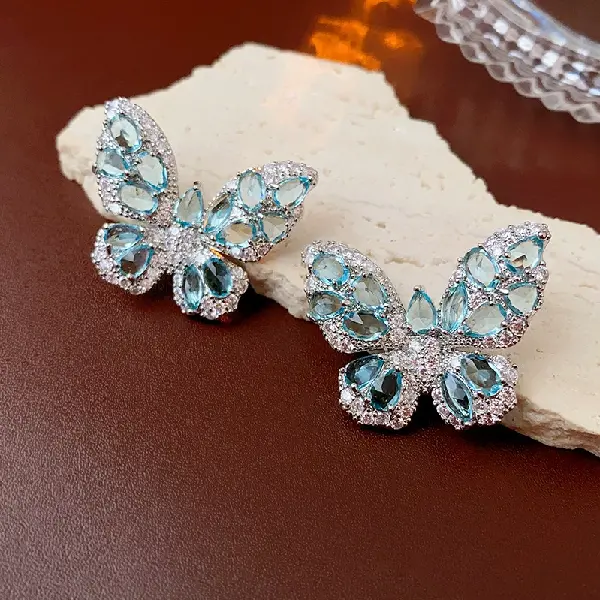 39# silver needle set diamond zircon butterfly earrings,tkmbeautysupply.com