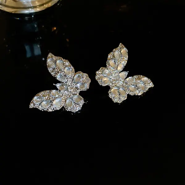 41# Silver Needle Diamond Butterfly Drop Earrings,tkmbeautysupply.com