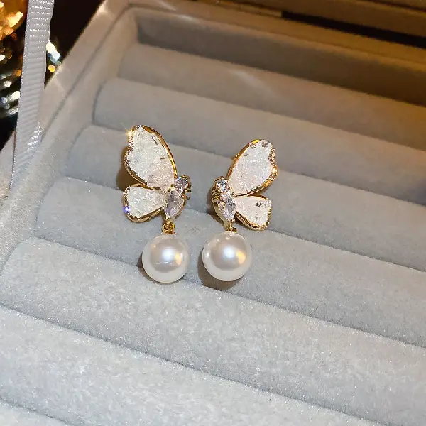 45# silver needle pink half butterfly zircon earrings,tkmbeautysupply.com