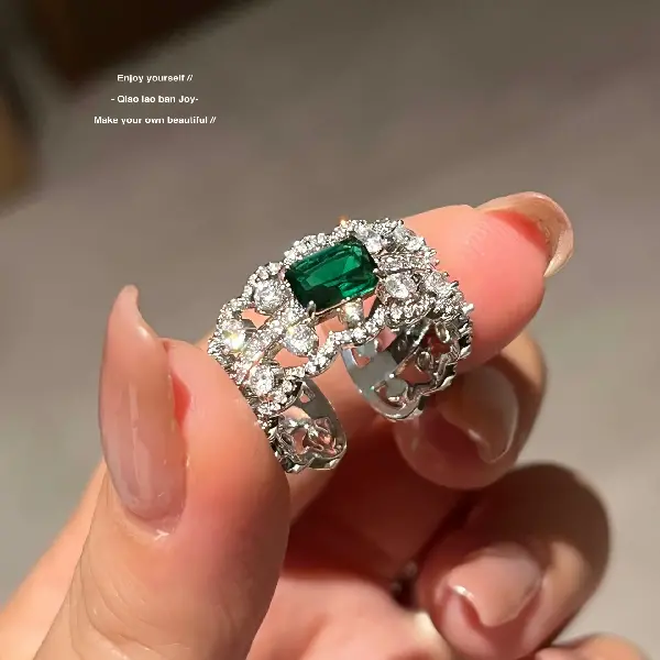 41# lace open ring-silver-green,tkmbeautysupply.com
