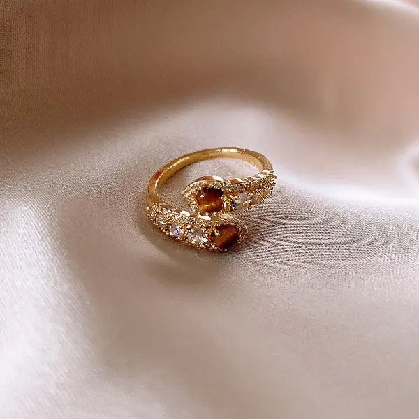 47#Tiger Eye Stone Open Ring-Gold,tkmbeautysupply.com