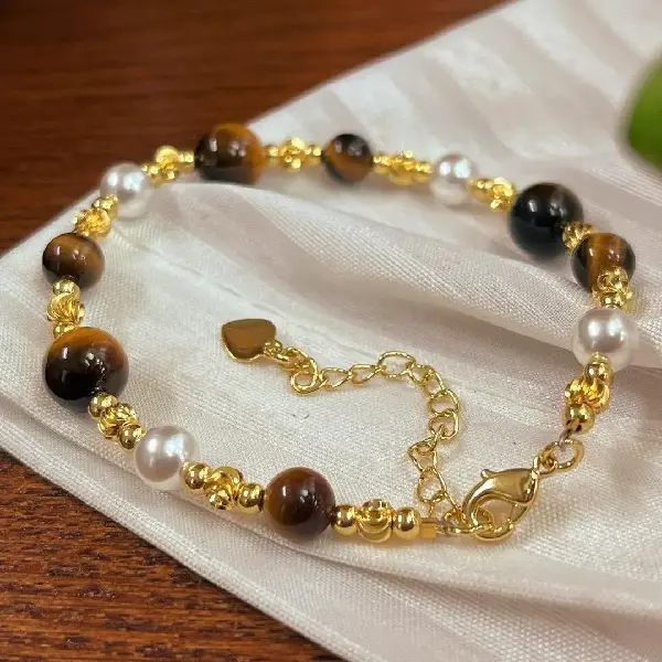 Tiger eye stone pearl bracelet (15.5+5cm),tkmbeautysupply.com