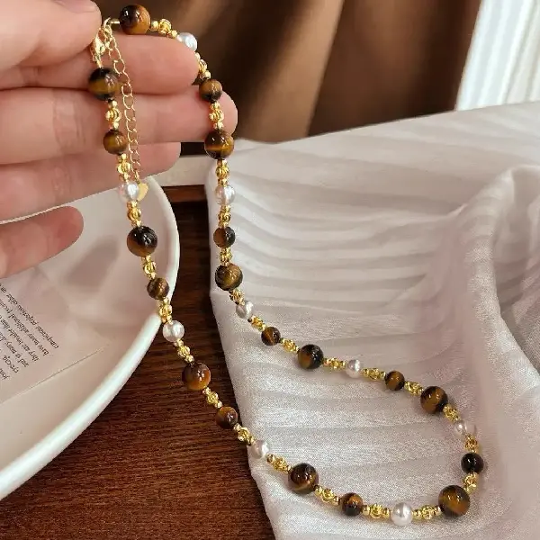 Tiger eye stone pearl necklace (38+5cm),tkmbeautysupply.com