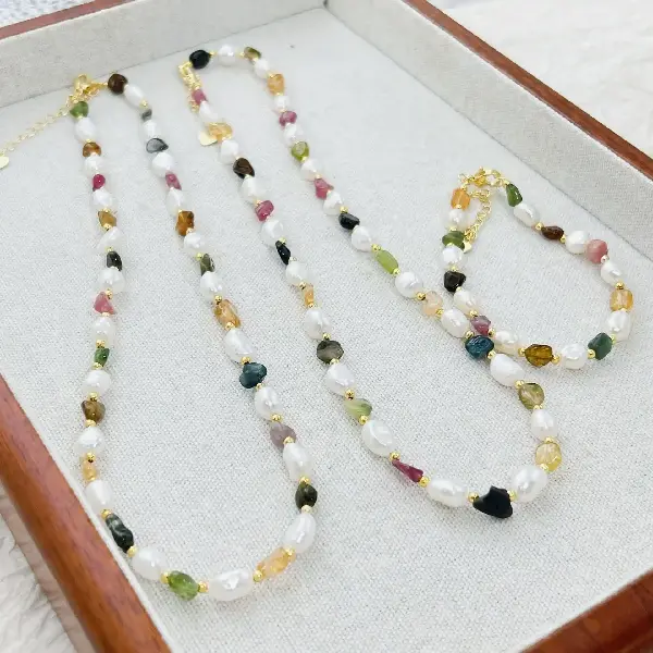 Necklace, natural pearl + tourmaline,tkmbeautysupply.com