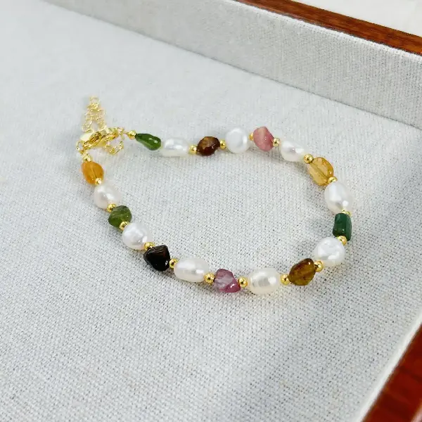 Bracelet, natural pearl + tourmaline,tkmbeautysupply.com